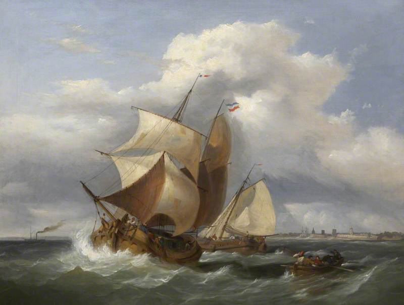Dutch Sailing Vessels and a Steamer off a Coast with a Fortified Port