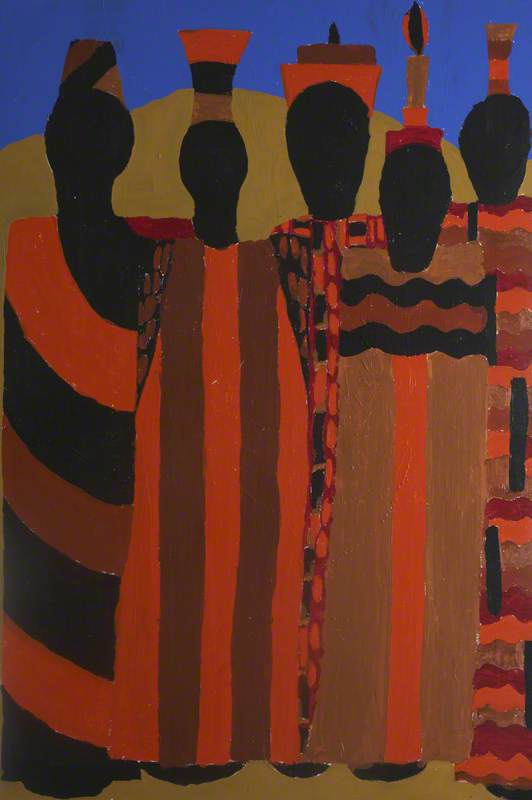 Five Figures in African Dress, Red and Black on Yellow
