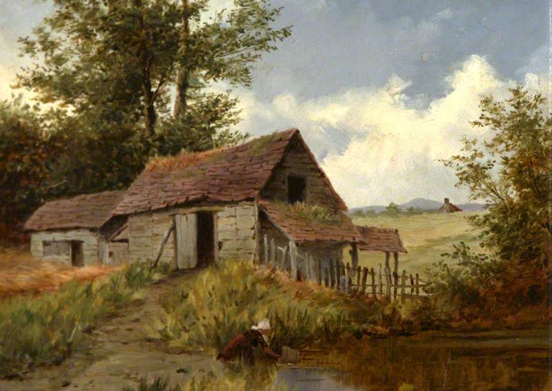 A Rustic Barn with a Girl Drawing Water