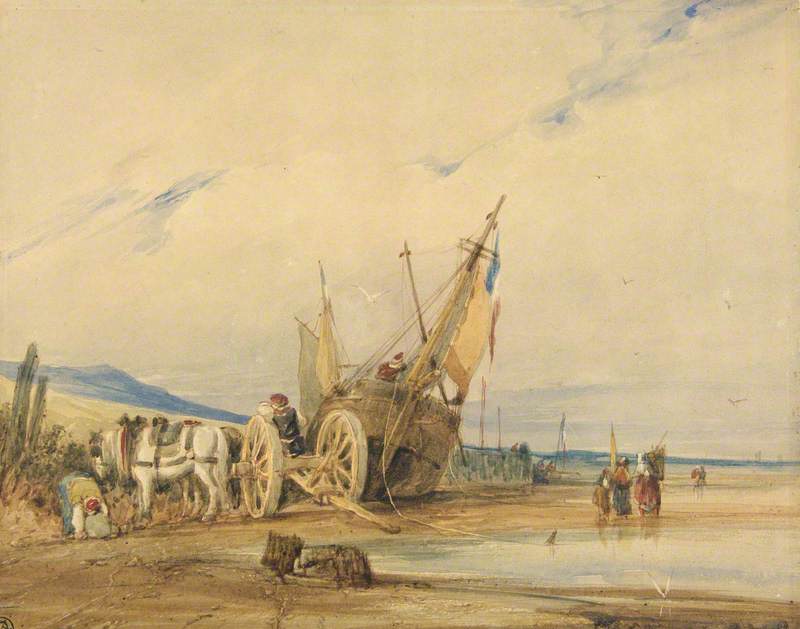 Coastal Scene, with a Beached Fishing Vessel