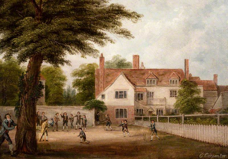 Stationers' Company School, Bridge Road, Hornsey, with a Cricket Match in Progress