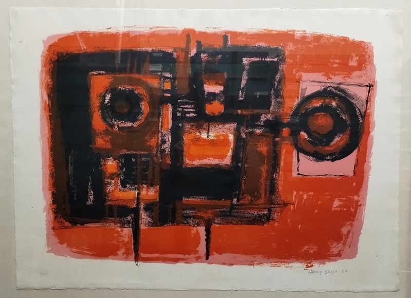 Abstract Composition with square, rectangular and circular forms in black, orange, pink and olive green