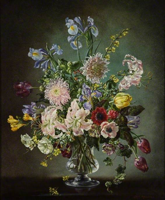 Flowers in a Glass Vase, Irises, Chrysanthemums and Others