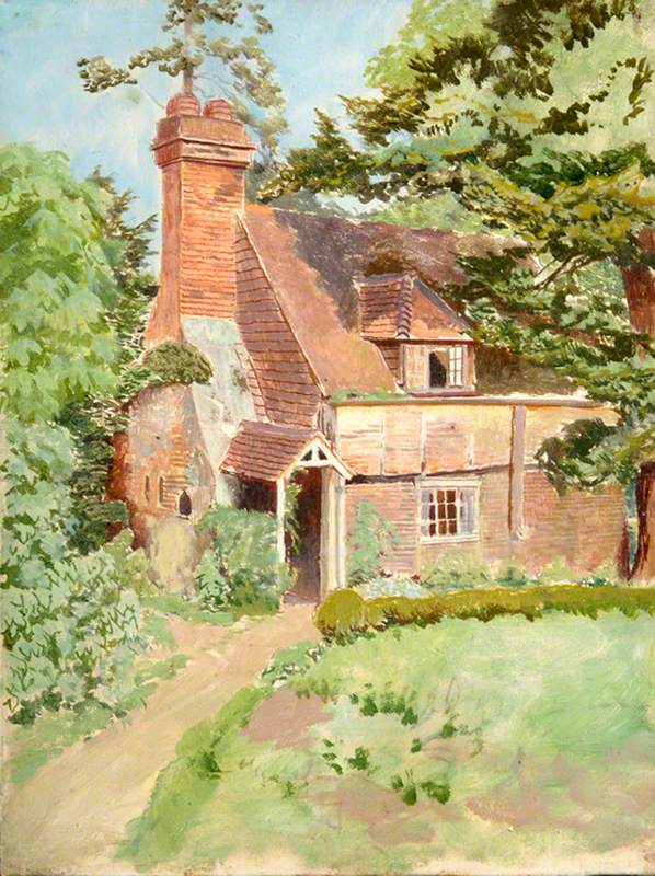 Exterior View of Unidentified Cottage in East Surrey, with Prominent Chimney and Porch
