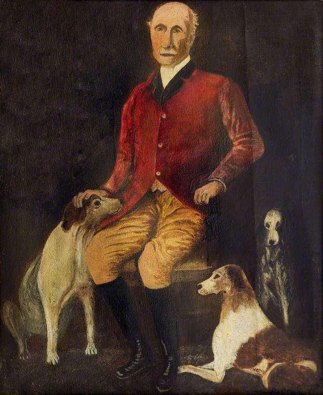 Portrait of a Gentleman in Hunting Pink with Three Dogs