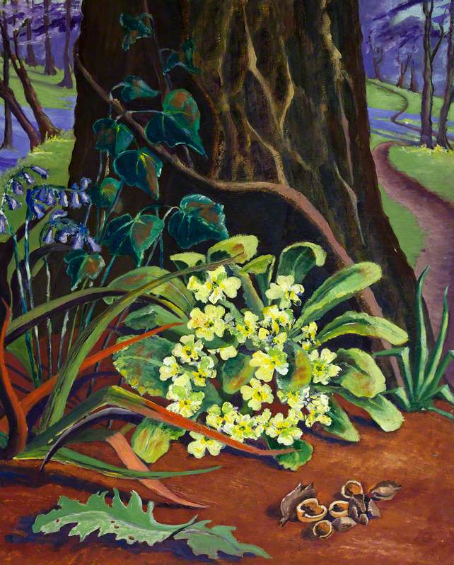 Woodland Scene with Primroses and Bluebells