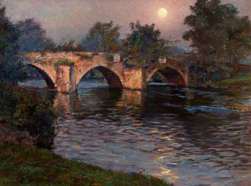 Three-Span Stone Bridge over a River by Moonlight