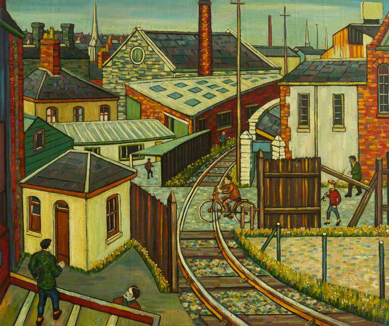 Railway Crossing with a Cyclist, Fisherman and Other Figures
