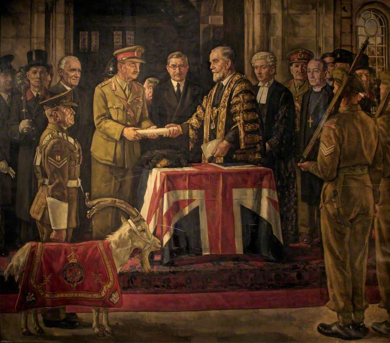 Freedom of the City of Cardiff; Including Major General D. P. Dickinson, CB, DSO, OBE, Colonel of The Welch Regiment Receiving the Scroll of the Freedom of the City of Cardiff from the Right Honourable the Lord Mayor, Alderman Frederick Jones, JP, 10th June 1944