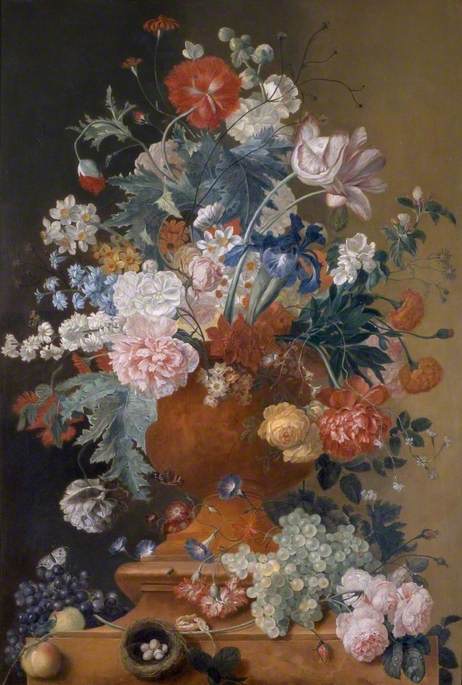 Flowers in a Terracotta Vase with Fruit and a Bird's Nest