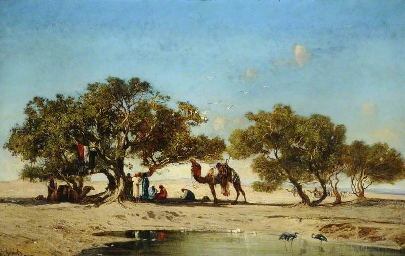 An Eastern Scene with Camels and Figures Resting in the Shade under Trees