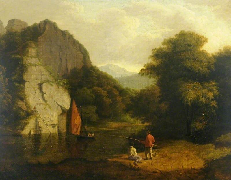 Hilly River Landscape with Boys Fishing