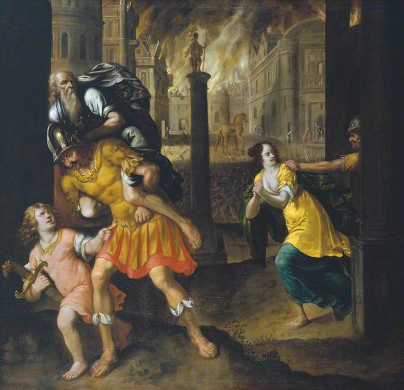 Aeneas and his Family Fleeing Burning Troy