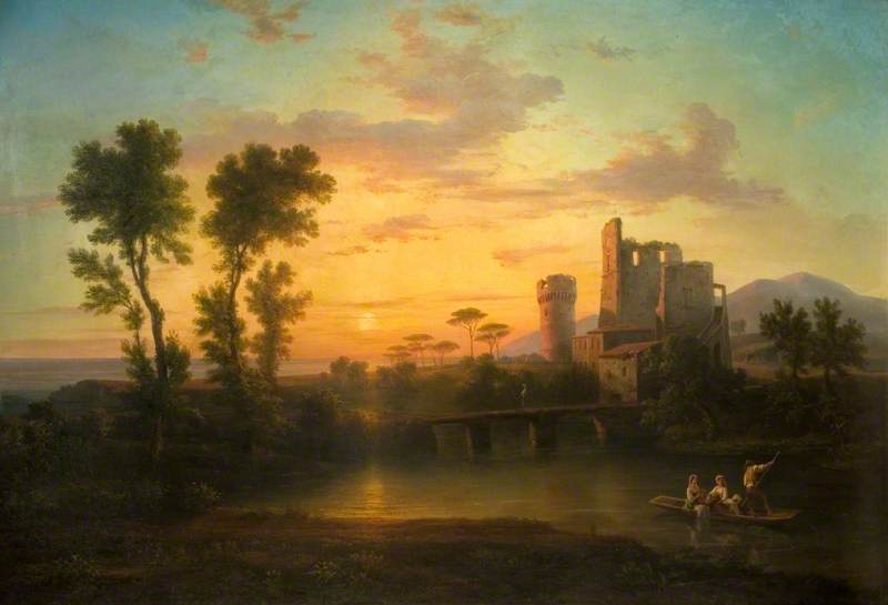 River with Old Ruins, Sunset