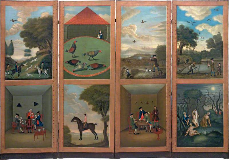 Hunting, Cock-Fighting, Card-Playing, Horse-Riding, Game-Shooting, Dice-Throwing, Fishing and Bathing