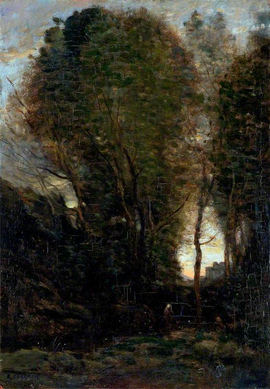 Twilight: Landscape with Tall Trees and a Female Figure