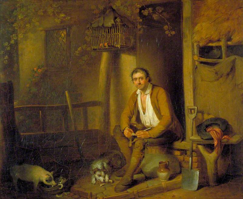 A Cottage Exterior: A Seated Labourer Filling His Pipe
