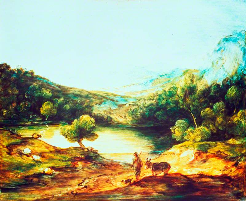 Wooded Upland Landscape with a Shepherd, a Donkey and Scattered Sheep, a Lake and a Distant Village and Hills