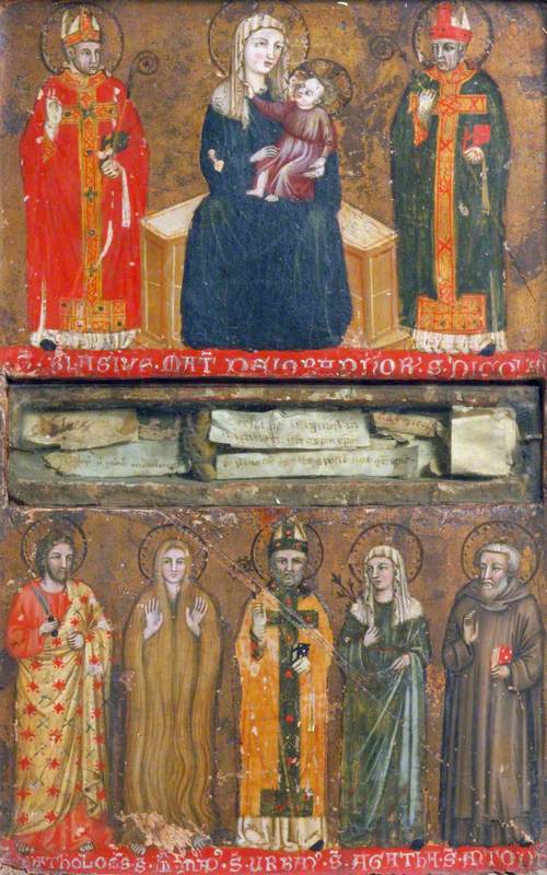 The Virgin and Child with Saints Blasius and Nicholas (top); Saints Bartholomew, Mary Magdalen, Urban, Agatha and Anthony (bottom) (left-hand panel of a reliquary diptych)