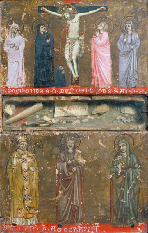 The Crucifixion with a Donor in Monastic Habit, the Virgin, Saints John the Evangelist, Scholastica and Agnes (top); Saints Emilian and Agostantia and an Unidentified Female Saint (bottom) (right-hand panel of a reliquary diptych)