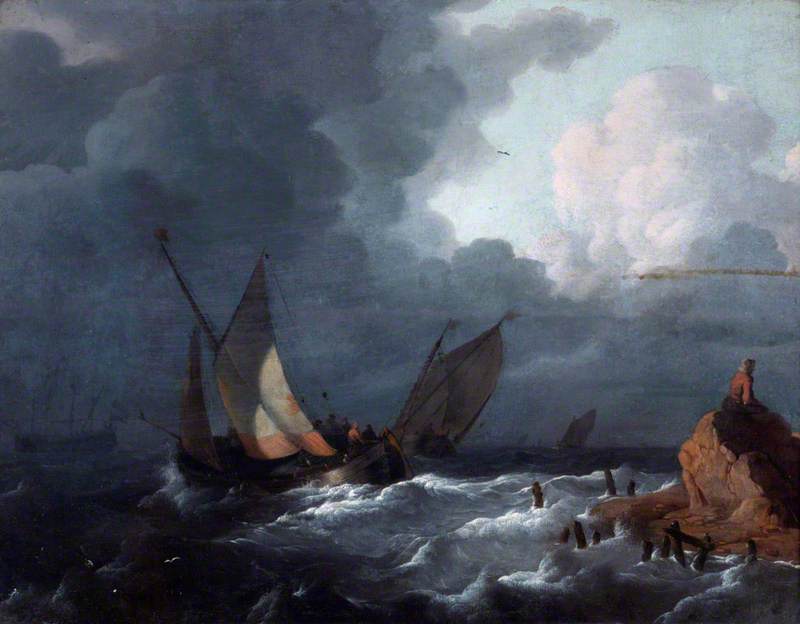 Ships off Shore in a Stormy Sea