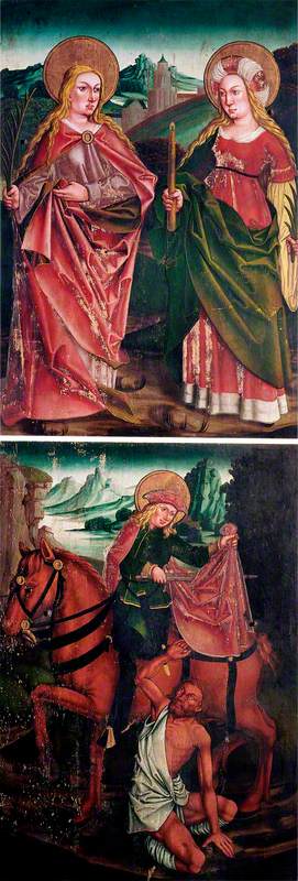A Virgin Martyr and (possibly) Saint Beatrice (top panel); Saint Martin Dividing His Cloak (bottom panel) (right wing of an altarpiece, exterior)