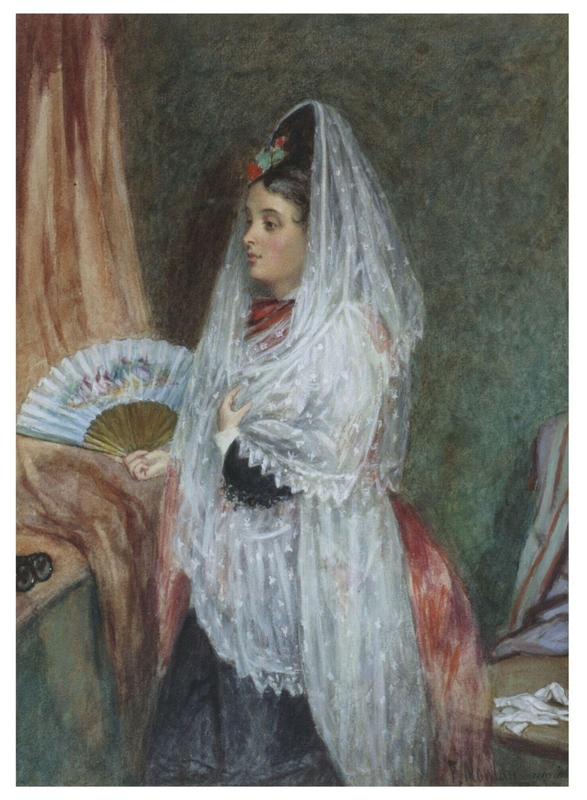 Lady wearing a lace veil and holding a fan