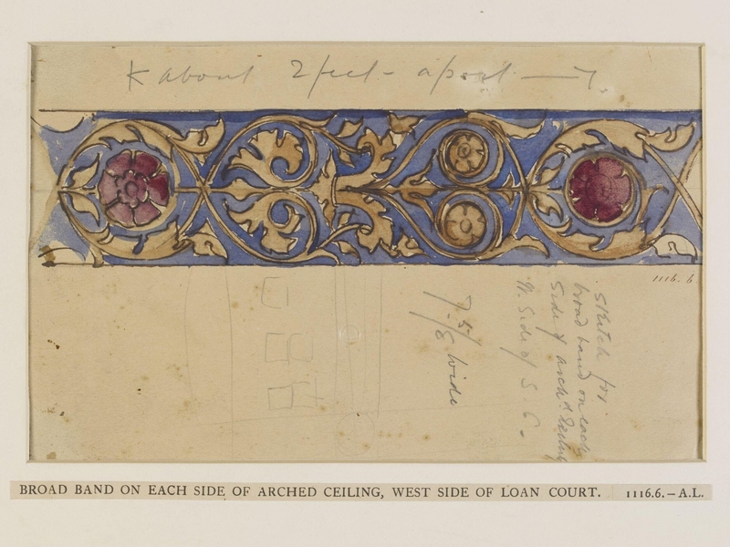 Broad band on each side of arched ceiling, west side of loan court