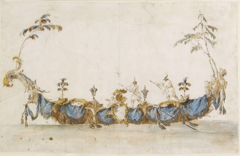 Design for a <i>bissona</i>, with two gondoliers in Chinese dress