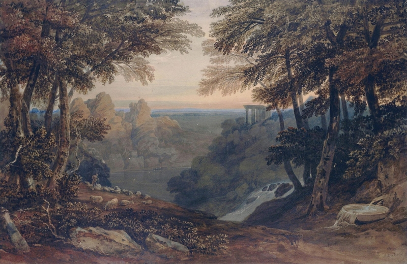 Landscape composition with waterfall and temple