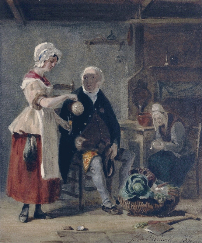 Rustic interior: figures of an old man and woman and a girl