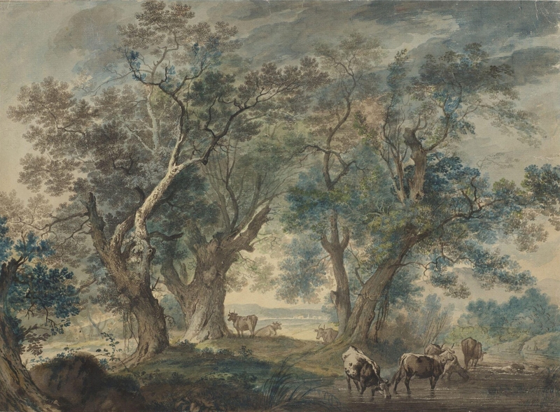 Landscape with cattle drinking at a pool