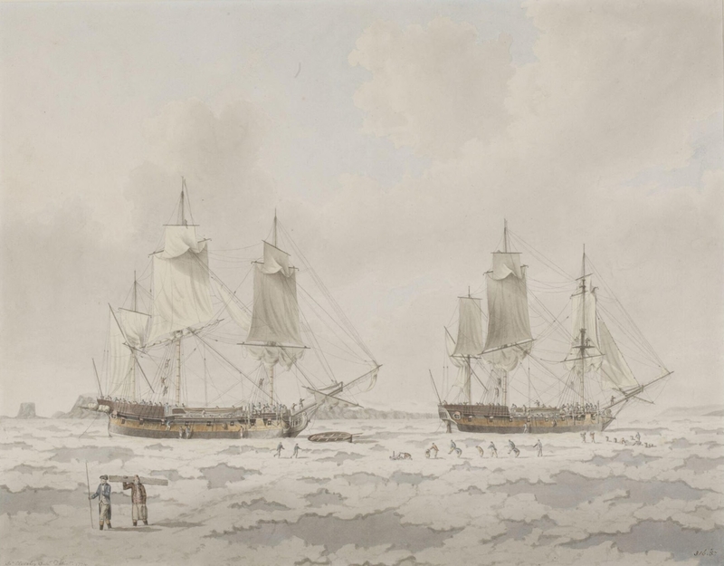 The ships 'Race-horse' and 'Carcass' of Captain Phipps' expedition embedded in ice in the Polar Regions