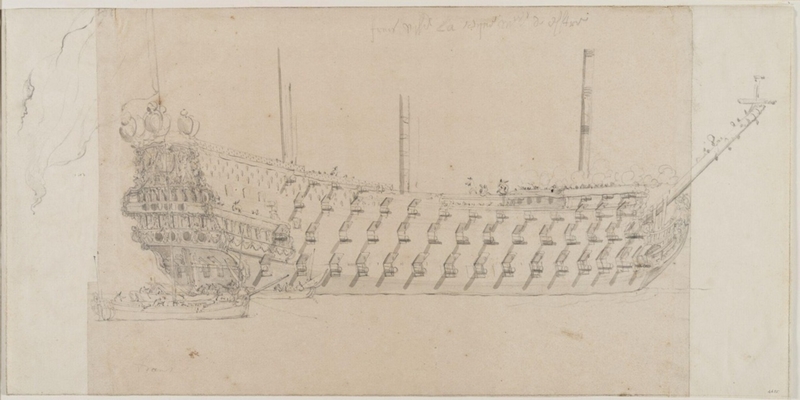 Hull of the French Ship <i>La Reine</i>; Quarter View
