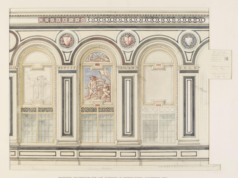 Design for decorations arcading or window spaces with spaces for mosaics. 'Railway'. 'Sleep packet'