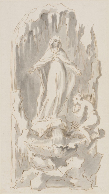 A man worshipping a female saint in a grotto