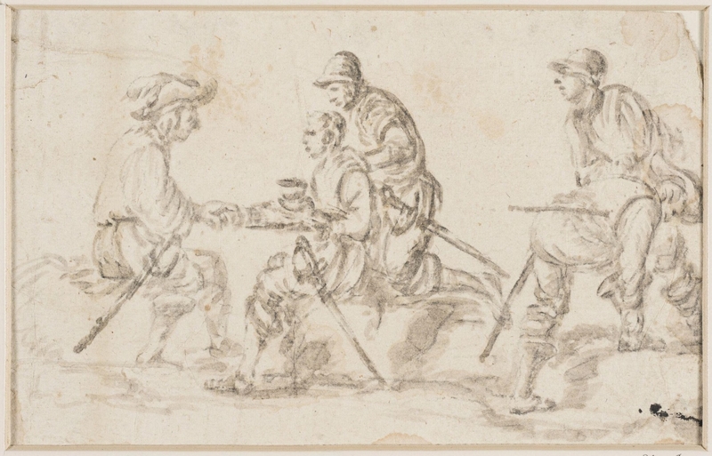 A group of five soldiers, standing, sitting, kneeling and bending