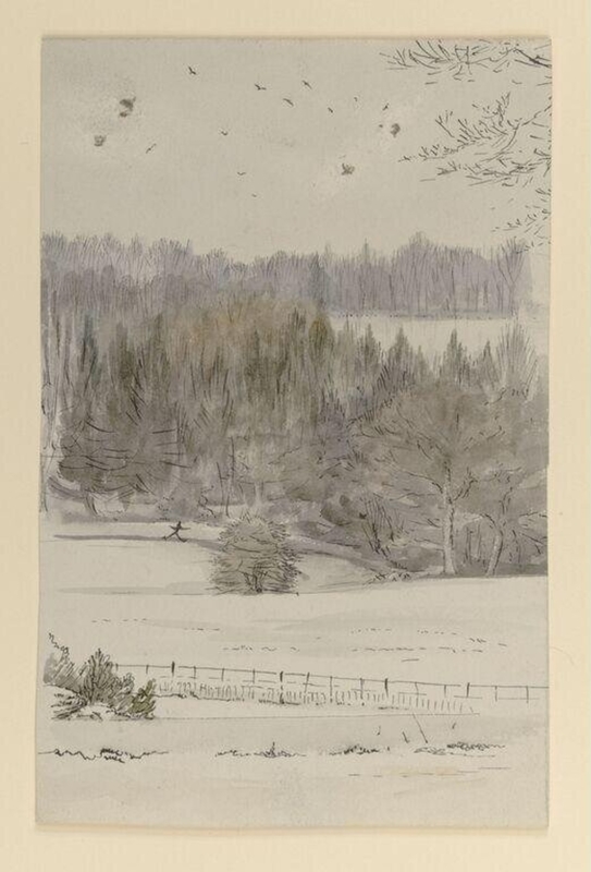 Snow scene looking across a tarn to fields and a wooded hillside