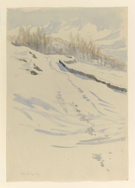Snow scene with fields and a line of trees