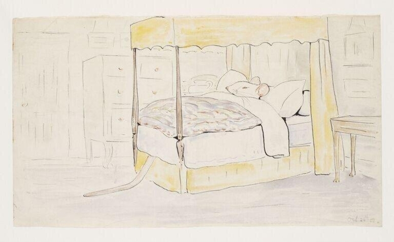 A white mouse in a four-poster bed