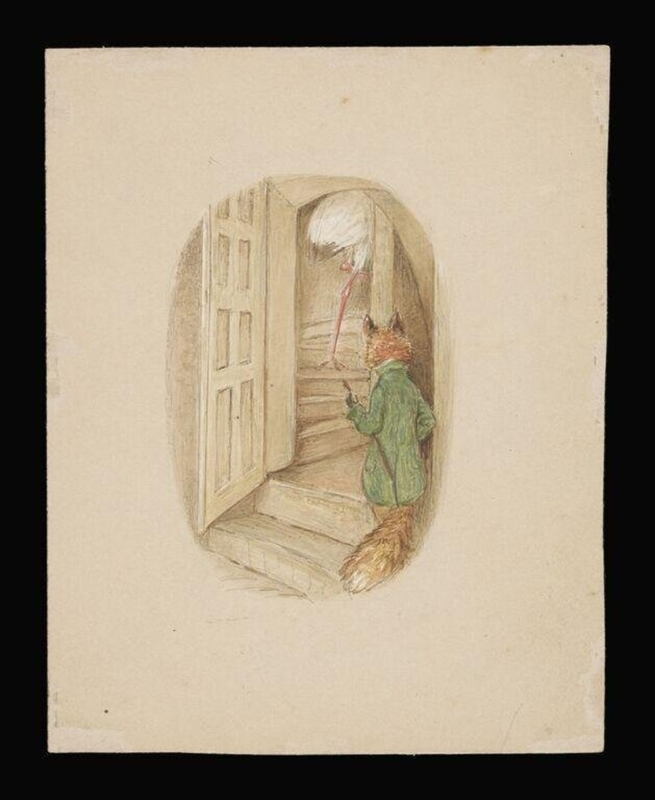 The fox following the stork up a staircase