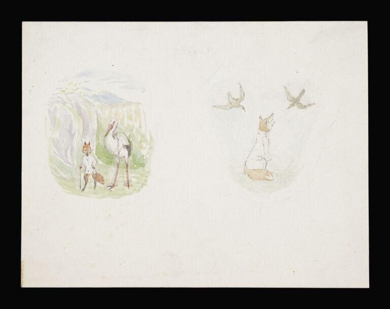 A fox in a glade with a stork; a fox looking up at two birds