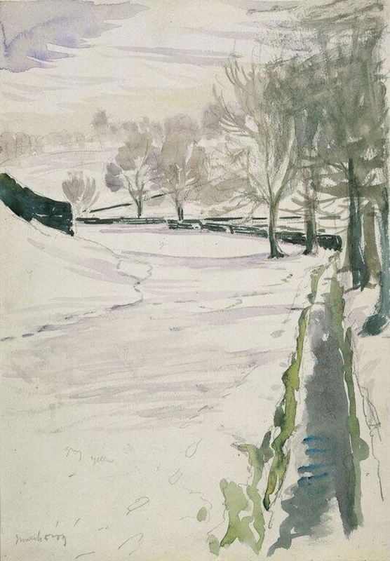 Snow scene with a path and trees