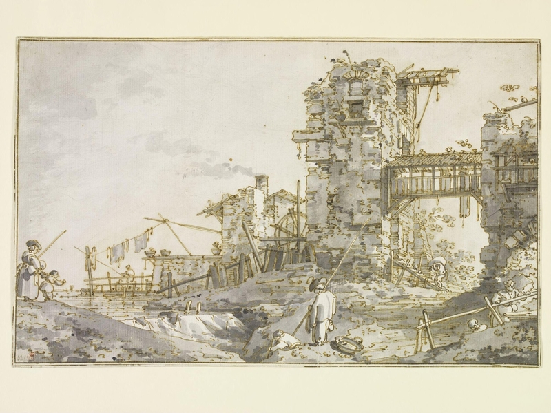 An imaginary composition: ruined water-mill beside a stream