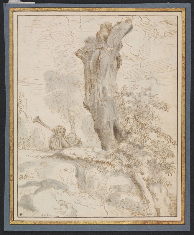 A Man Playing a Bagpipe Walking Beside a Large Tree Trunk in a Landscape