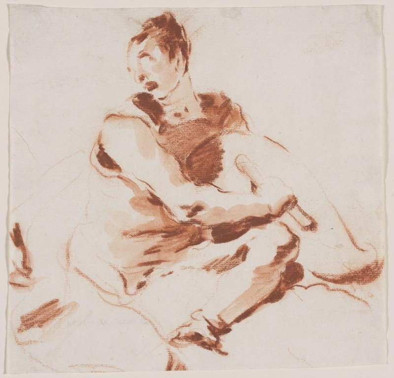 A seated Roman soldier grasping a shield