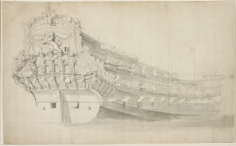 Hull of the Dutch ship Gouden Leeuw; from the starboard quarter