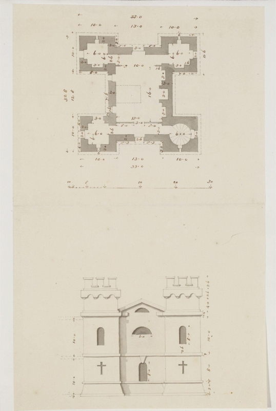 Plan and elevation of a small castellated building for an unidentified project