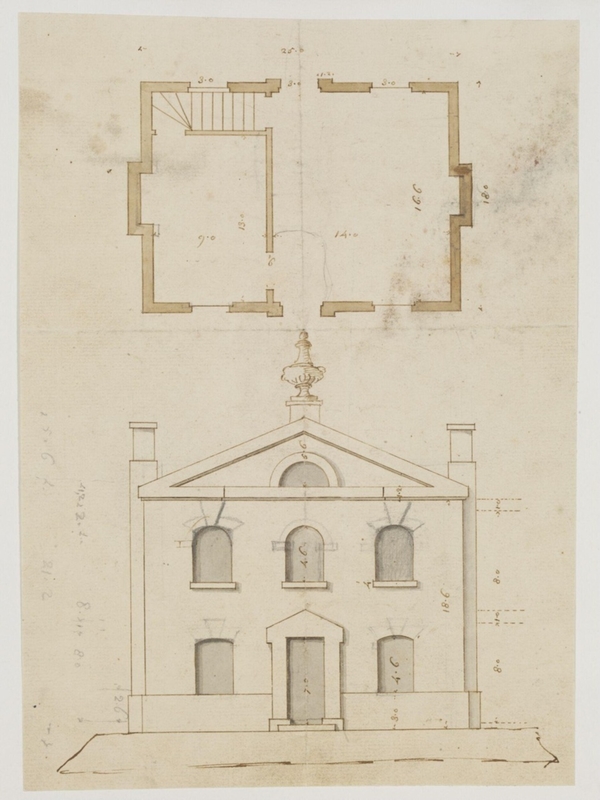 Plan and elevation of a small house for an unidentified project