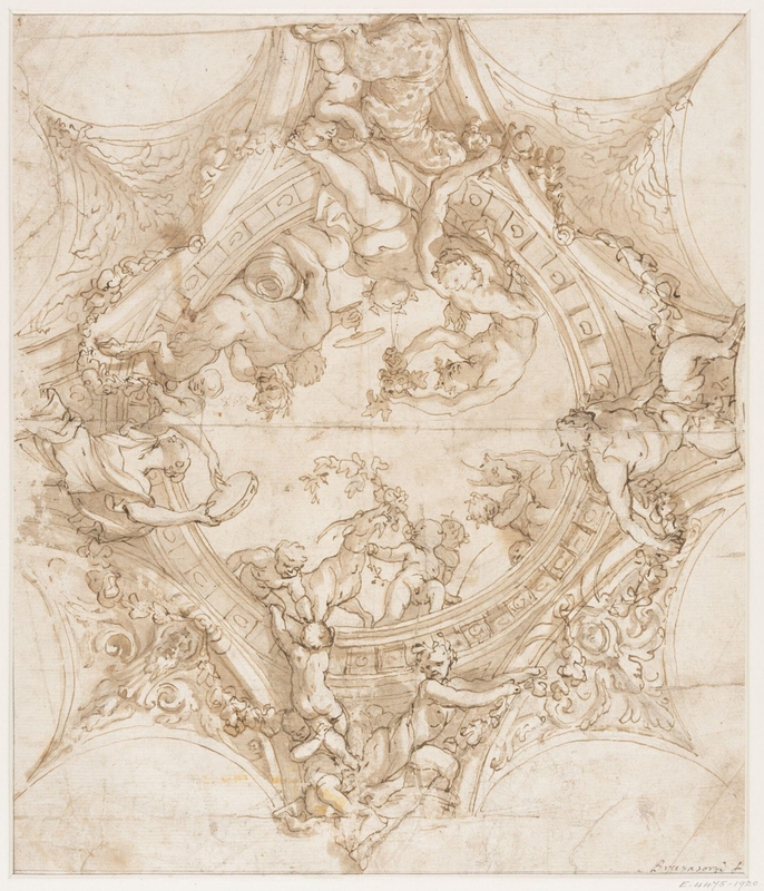 Design for a painted and stucco ceiling, with  Bacchus and his train revelling on the edge of a  circular opening